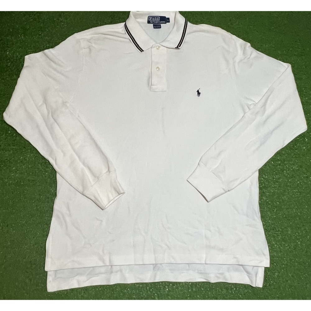 Vintage Polo Ralph Lauren Rugby Shirt L Heavy Cotton White Striped Collar Preppy